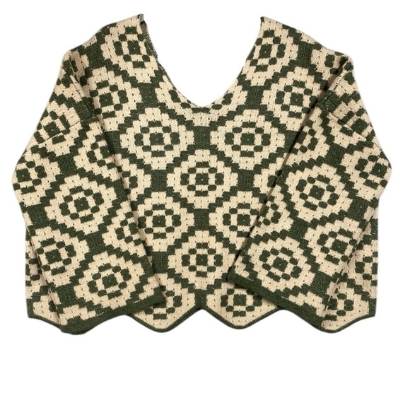 POL Knit Granny Square Double V Neck Sweater Size M Oversized Green - Picture 1 of 8